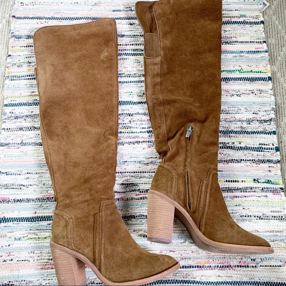 Tall Brown Suede Block Heel Women's Boots